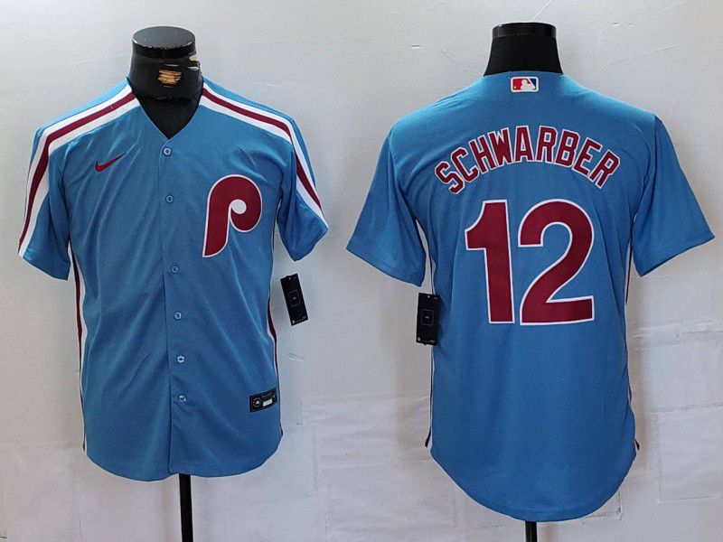 Men Philadelphia Phillies #12 Schwarber Blue Throwback 2024 Nike MLB Jersey style 1